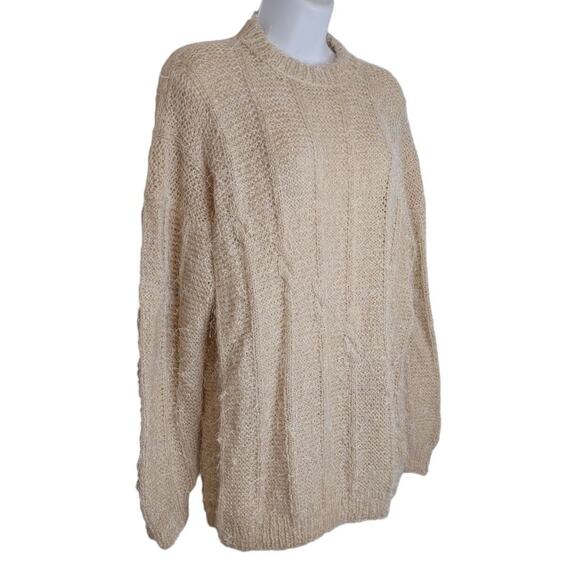 Women's M/L Hand Knit Handmade Pullover Sweater Beige Eyelash Cable Mock Neck - Picture 5 of 6